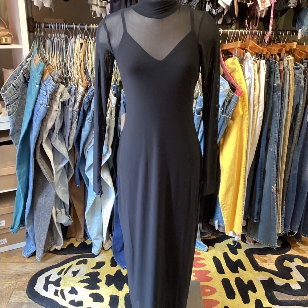 AFRM Shailene mesh tulle mock neck midi dress Noir black brand new with tags